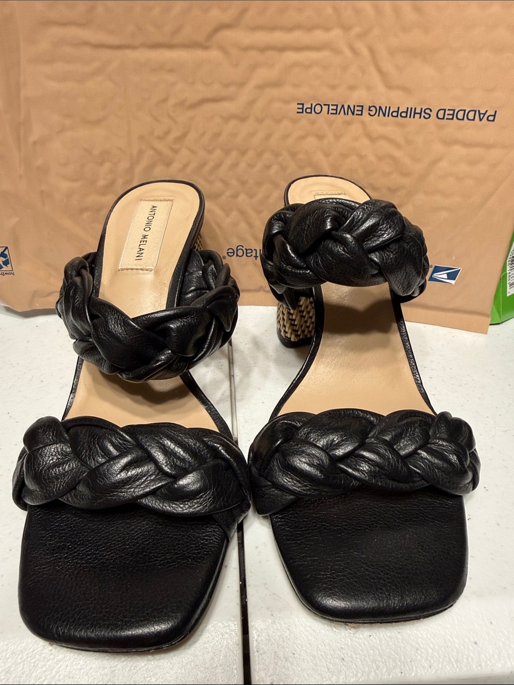 ANTONIO MELANI Black Braided Leather Block Heel Sandals
